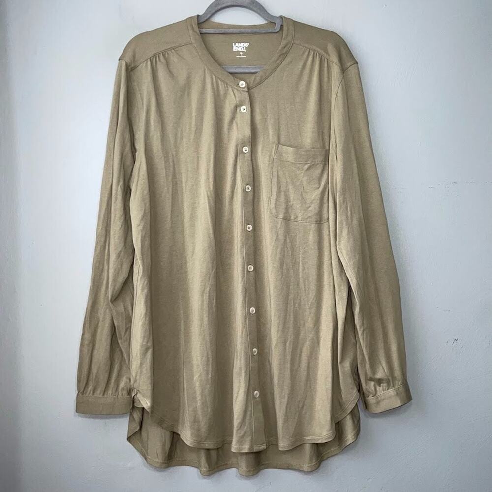 Lands End Size XL Sage Minimalist Cotton Modal Knit Button Up Shirt Band Collar